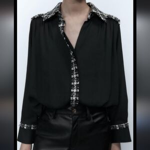 Zara Black Blouse with Tweed Trim